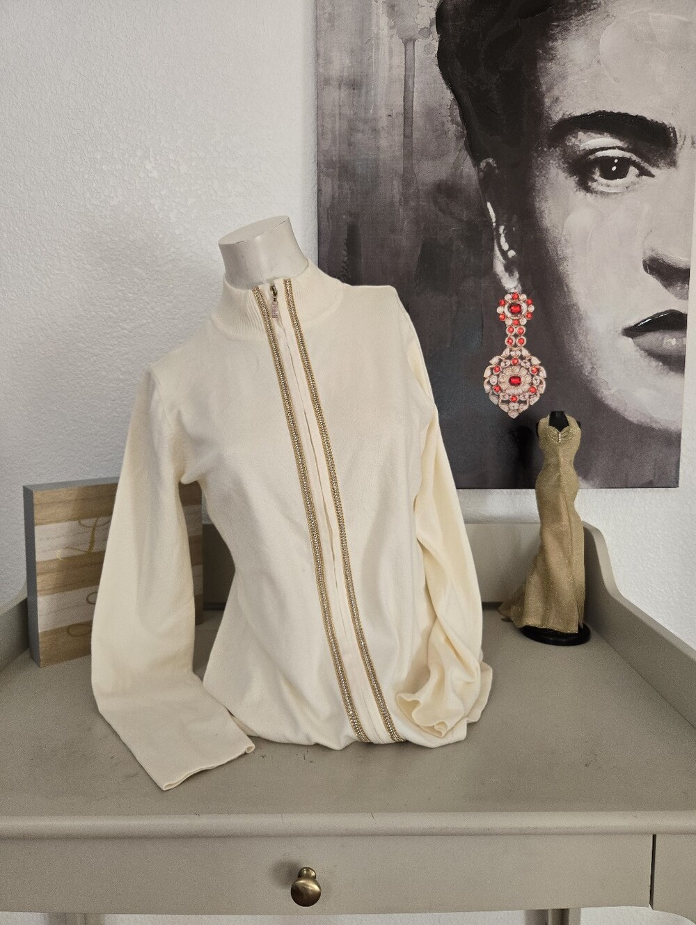 NWT B By Belldini Womens Cream Zip-Front Women's Jacket with Gold Trim Size L